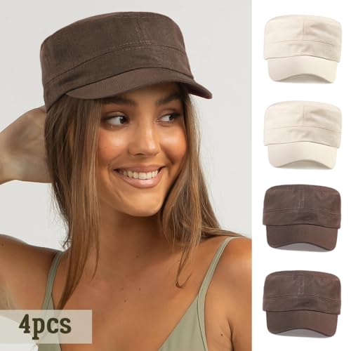 Glamorstar Unisex Cadet Army Hats 4 Pieces Military Flat Top Newsboy Cap - color: 2 Beige + 2 Brown