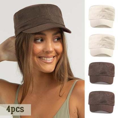 Glamorstar Unisex Cadet Army Hats 4 Pieces Military Flat Top Newsboy Cap - color: 2 Beige + 2 Brown