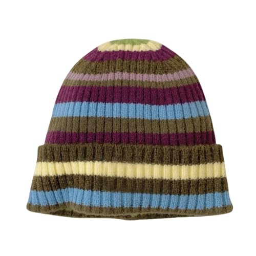 Colorful Striped Beanie Cuffed Winter Soft Rib Knit Hat for Women Men Gift - color: Green