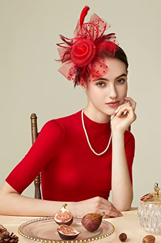 BABEYOND Fascinators Hats for Women Tea Party Flower Tulle Bead Derby Hat - color: Red