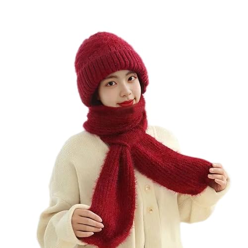 Women Winter Warm Elastic Soft Ear Protection Knitted Scarf Hat Fleece Lined Beanie Hat - color: Red