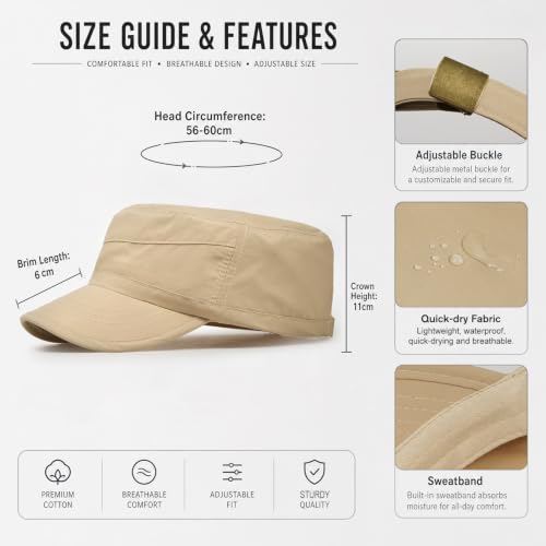 Cadet Army Cap Unisex Military Hat Adjustable Flat Top Cap Baseball Cap - color: Khaki