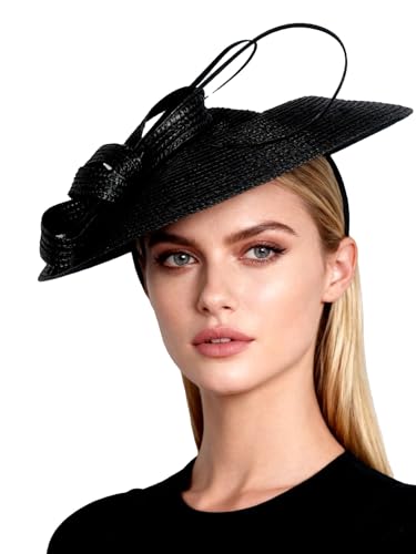 Vintage Fascinators Pillbox Hat for Women Straw Fedora Wide Brim Ladies Church Sinamay Derby Hats - color: Black