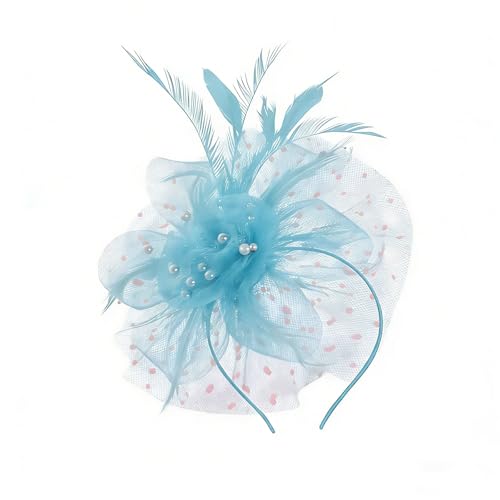 Fascinator Headband - Vintage Tea Party Hat with Feathers & Mesh for Women Derby Hats Wedding Flower Feathers Hair Clip - color: Lake Blue