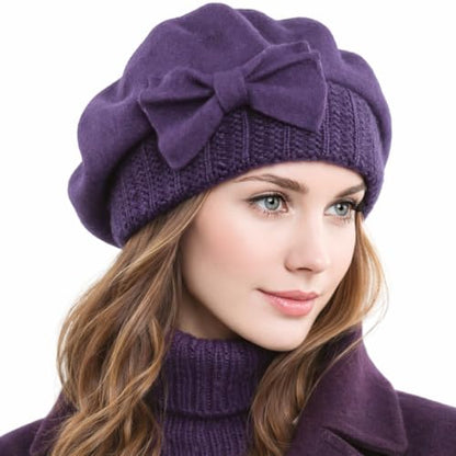 Women Knit 100% Wool Beret Artist Winter French Beret Hats - color: Purple