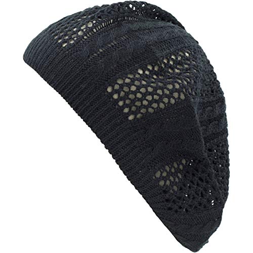 an Womens Lightweight Cut Out Knit Beanie Beret Cap Crochet Hat - Many Styles - color: Black Multi Textured