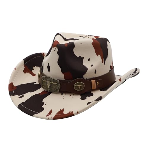 Western Cowboy Hat for Men Cowgirl Hat for Women Unisex Wide Brim Felt Fedora Hats Classic Cowboy Hats - color: Cowprint