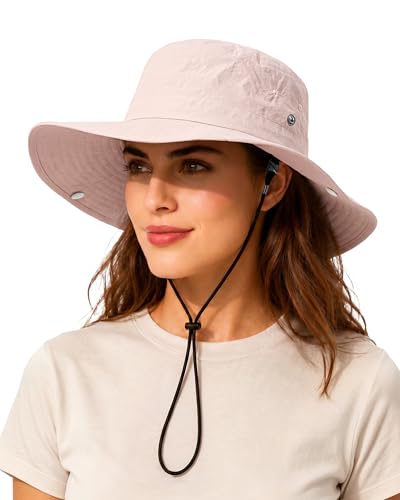 Wide Brim Waterproof Bucket Rain Hat for Women Men UPF50+ Cowboy Sun Hat - color: Blush Pink