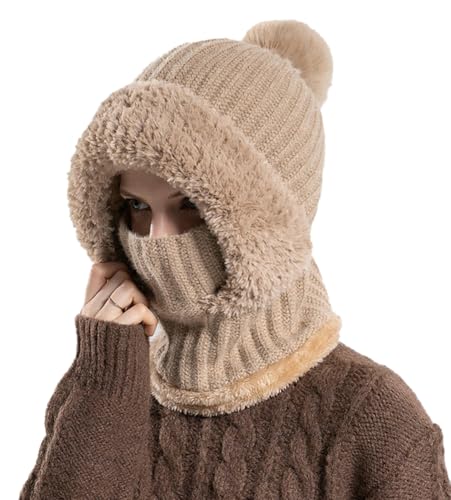 Womens Knit Beanie Hat Fleece Lined Winter Scarf Mask Set Snow Caps Plush Earmuff Skull Hats with Pompom - color: Khaki
