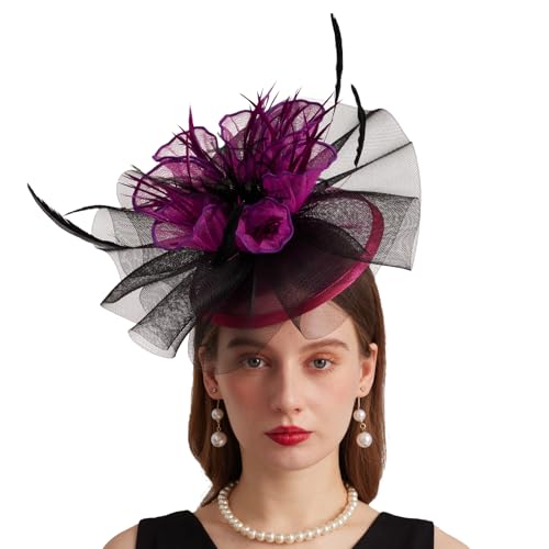 Women Organza Church Derby Hat Wide Brim Sun Caps for Wedding Tea Party Hat with Detachable hat Flower as Headgear - color: 11-rose Red