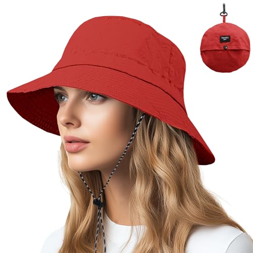 NPQQUAN Sun Bucket Hats for Woman Men Lightweight Sun Hat Packable Foldable - color: (Red)