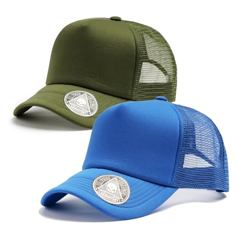 2-Pack Classic Foam Trucker Hat Summer Mesh Hat Lightweight Adjustable Back Buckle Strap - color: Blue/Green