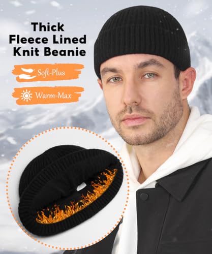 Heniho Wool Fleece Lined Fisherman Beanie for Men, Winter Warm Hats Cuffed Knit Watch Cap Trawler Hat - color: #1pack A- Black