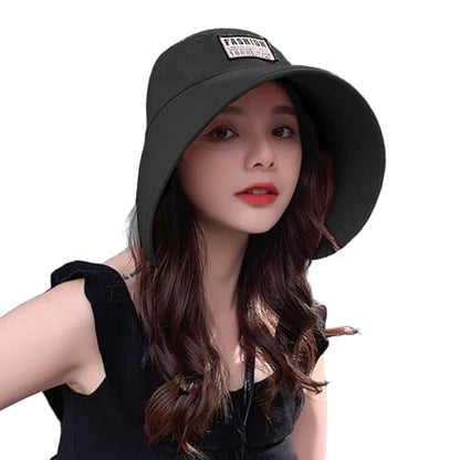 Women Floppy Sun Beach Hat Packable Wide Brim Bucket Hat UPF 50+ UV Protection Travel Beach Cap - color: Black