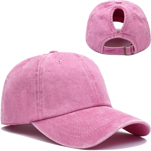 Women Washed Baseball Cap Vintage Blank Hat with Ponytail Hole - color: Pink