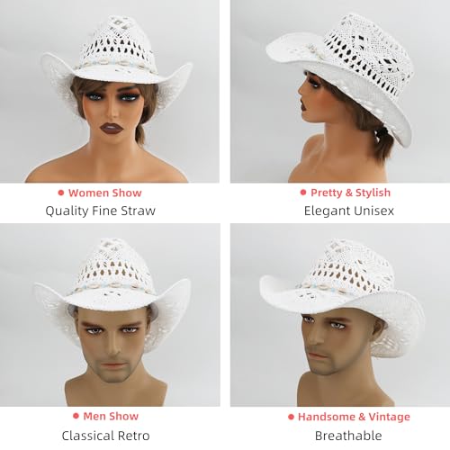 Straw Cowboy Hat for Women and Men with Shapeable Wide Brim Sun Beach Western Cowgirl Hat - color: White-m