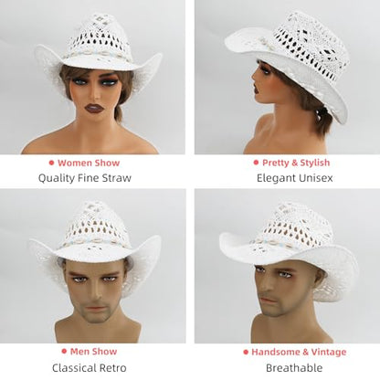 Straw Cowboy Hat for Women and Men with Shapeable Wide Brim Sun Beach Western Cowgirl Hat - color: White-m