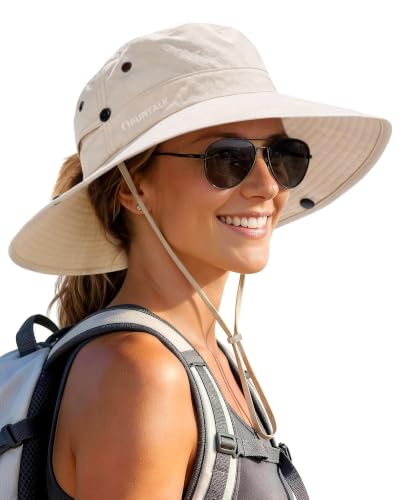 FURTALK Sun Hats for Women Wide Brim Bucket Hat Ponytail Hole Outdoor UPF - color: Beige