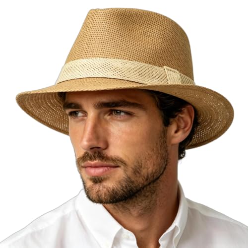 Straw Unisex Fedora Sun Hat Short Brim Panama Summer Hats Trilby Jazz Beach UPF 50+ Vintage 1920s UV Protection Travel Cap - color: Khaki