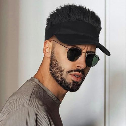 Adjustable Sun Visor Hat with Wig Spiked Hairs Fashion Baseball Golf Cap for Men & Women - color: Black+black Hair
