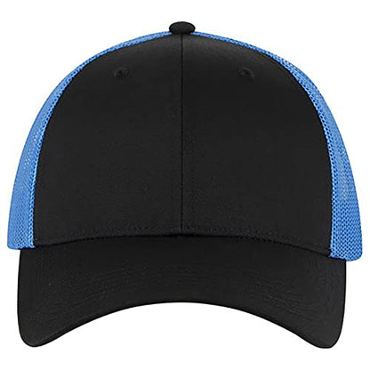 Ashen Fane 6 Panel Blend Twill Structured Low Profile Mesh Back Snapback Trucker Hat - color: Blk//Blk/N.blue