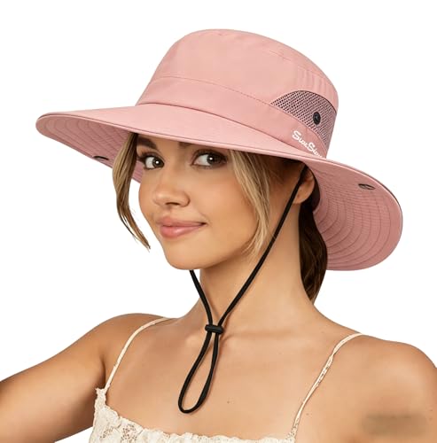 Sun Hat for Women Summer UV Protection Beach Hat with Ponytail Hole - color: Pure Pink(with Ponytail Hole)