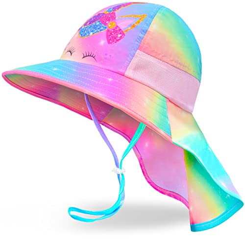 Girls Sun Hat for Kids UV Protection Unicorn Summer Hat Beach Play Hats Wide Brim Neck Flap for Girls Ponytail Hat 2-9 Years - color: Rainbow Unicorn