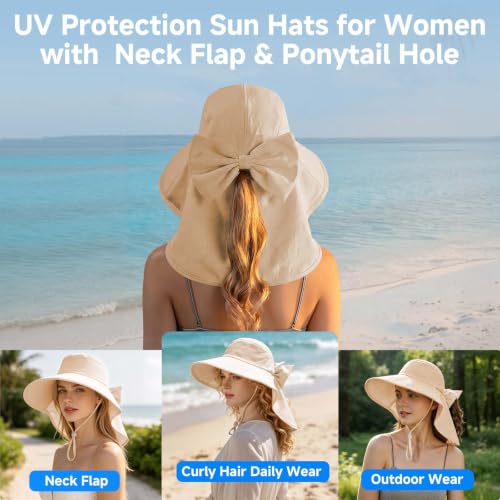 Womens Ponytail Hole Sun Hat with Neck Flap Outdoor UPF 50+ - color: Oatmeal