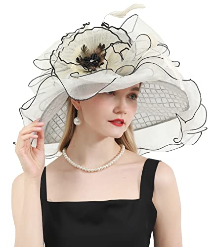 ORIDOOR Women Organza Fascinator Church Derby Hat Floral Tea Party Wedding Hat - color: 868-beige