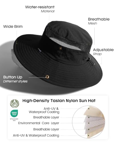 FURTALK Sun Hats for Women UV Protection Wide Brim Ponytail Hiking Hat - color: Black