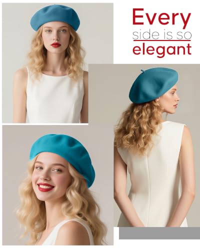 French Beret Hats for Women - Wool Solid Color Beanie Cap - color: Lake Blue