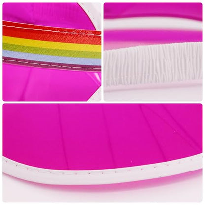Giovacker Womens Mens PVC Clear Colorful Sun Visor Hats - color: Rainbow Print - Rose Red + Red