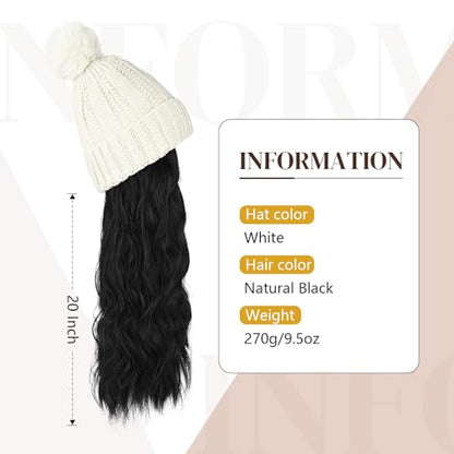 Flufymooz Beanie Wig Hat, Long Wavy Curly Black Hairpiece with Faux Fur Pom, Attached 20 Inch Synthetic Hair for Women Girls Winter (Natural Black) - color: White Hat-natural Black, size: 20 Inch