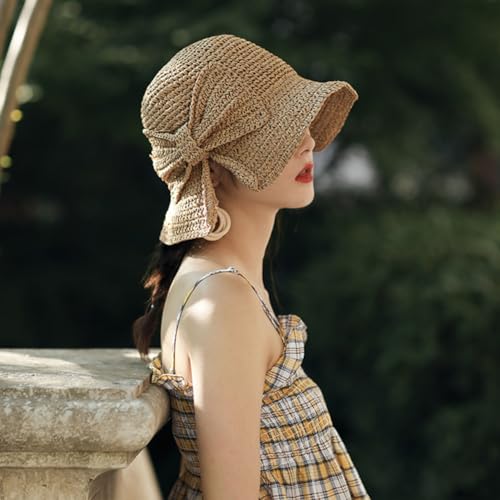 Foldable Wide Brim Floppy Straw Beach Sun Hat,Summer Bucket Cap with Bowknot for Women Girls - color: Khaki