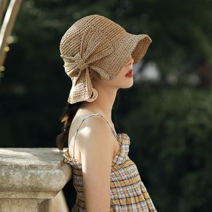 Foldable Wide Brim Floppy Straw Beach Sun Hat,Summer Bucket Cap with Bowknot for Women Girls - color: Khaki