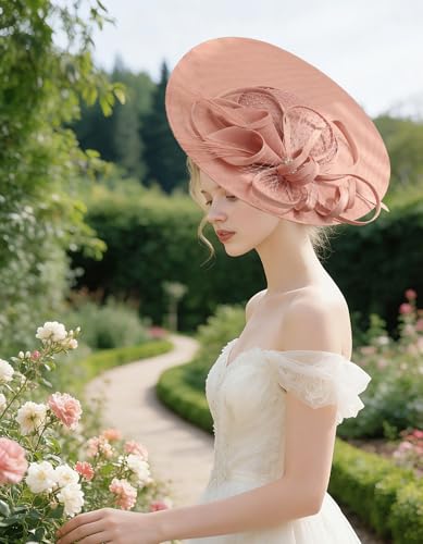 Unpifolov Fascinators Hats Elegant Women Flower Mesh Feathers Wedding Cocktail Bride Headband for Derby Hat Tea Party - color: Pink