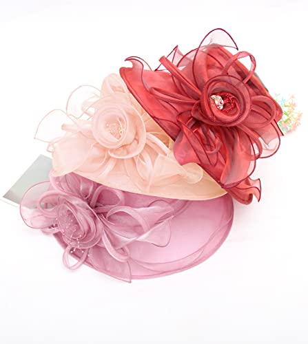 Z&X Organza Church Fascinator Wedding Tea Party Derby Hats for Women Flower Wide Brim Sun Hats - color: 022 Wine Red
