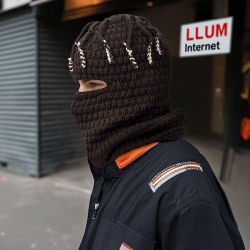 CLAPE Distressed Balaclava for Men, Funny Knitted Ski Motorcycle Mask Distressed Winter Windproof Snow Full Face Cover Mask - color: Khwb2401-brown