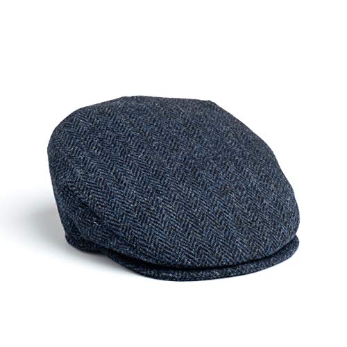 Hanna Hats Traditional Irish Tweed Wool Vintage Cap. Unisex Cabbie Hat. Stud Fastener & Taffeta Lining. 100% Made in Ireland. - color: Blue Herringbone, size: Medium