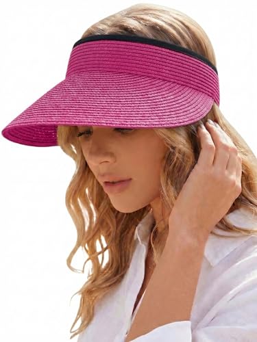 Sun Visor Hat for Women Summer Beach Vacation Essential Ponytail Friendly Travel Foldable Packable UPF 50+ - color: Rose Red