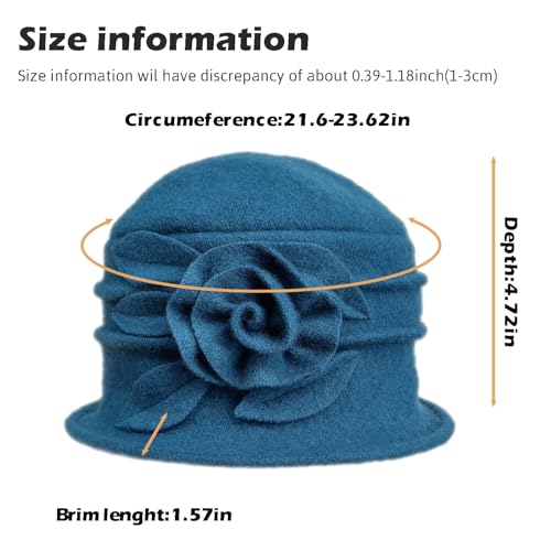 Winter Cloche 100% Wool Bucket Hat for Women Elegant Dress 1920s Vintage Fedora Hats Church Derby Party Fashion - color: 1blue