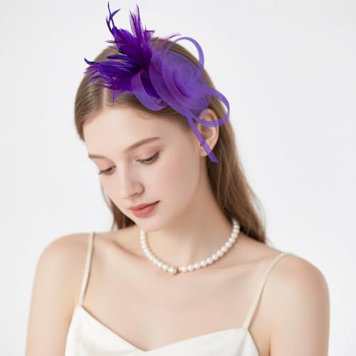 AMCAMI Fascinators Hats with Feather for Women 2026 Derby Hats Small Tea Party Hat with Headband - color: Purple