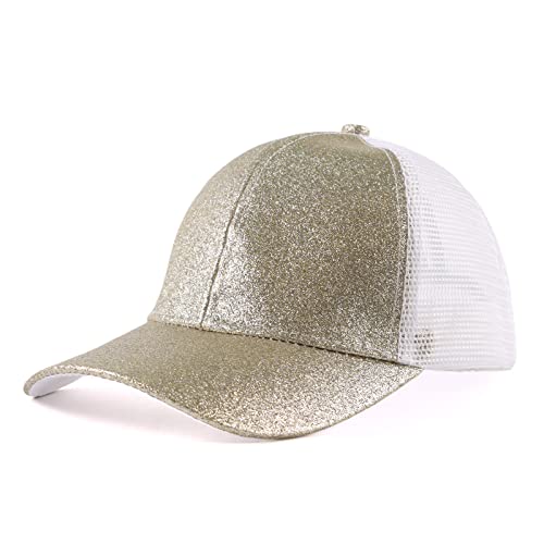 Zsedrut Girls Glitter Baseball Cap Kids Adjustable Ponytail Hat Toddler Summer Mesh Trucker Hats - color: Champagne