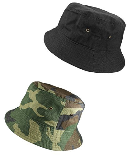Gelante Solid Color 100% Cotton Bucket Hat for Women and Men Packable Travel Summer Beach Hat - color: 2pcs Black & Camo, size: Large-X-Large