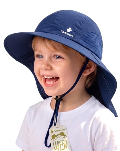 Camptrace Toddler Kids Sun Hat UPF 50+ with Neck Flap Ponytail Hole - color: 03-navy, size: 2-5T