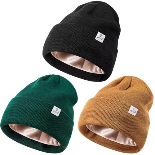 3 Pack Satin Lined Winter Beanie Hats for Women Men,Silk Lined Womens Beanies Knit Soft Warm Cuffed Hat - color: Black+caramel+olive Green
