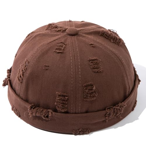 Retro Frayed Brimless Docker Cap Rolled Cuffed Beanie Skullcap Sailor Landlord Hat Casual Lovers Hip Hop Dancing Hats - color: Mg-xgmmxpd51-brown