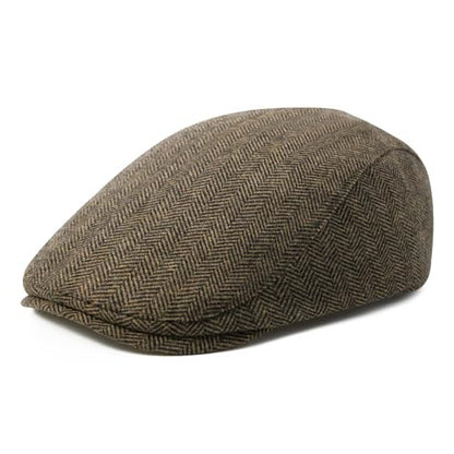 FEINION Men Wool Blend Flat Cap Tweed Newsboy Ivy Hat - color: Herringbone Khaki