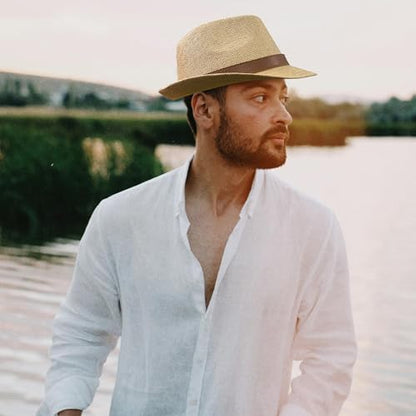 Straw Fedora Hat for Men Panama Hat Short Brim Summer Sun Hat - color: A-khaki