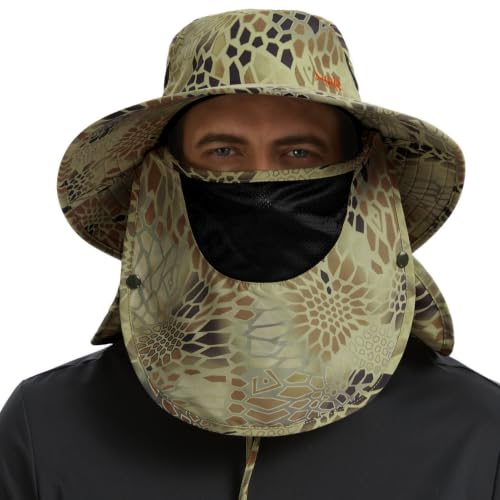 BASSDASH UPF 50+ Breathable Sun Hat with Removable Face Cover and Neck Flap Wide Brim Bucket Hat for Fishing Hiking Men Women - color: Python Camo